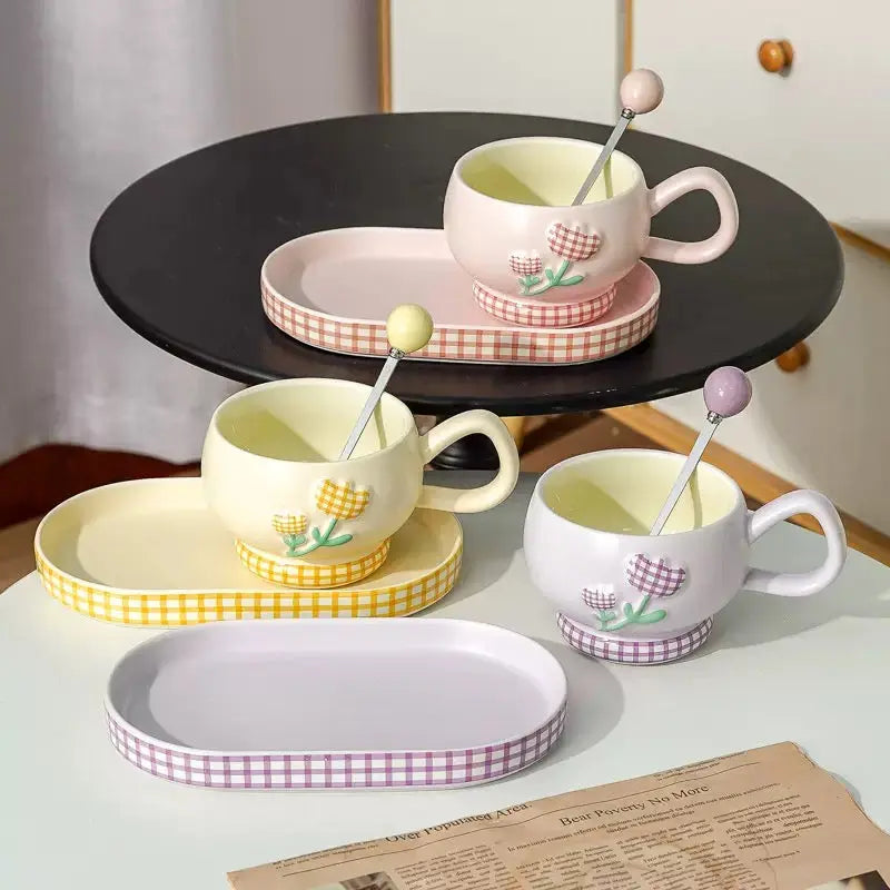 Pastel Floral Ceramic Coffee Cup Set – Aesthetic Mug with Matching Tray & Spoon 🌼