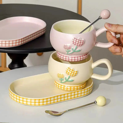 Pastel Floral Ceramic Coffee Cup Set – Aesthetic Mug with Matching Tray & Spoon 🌼