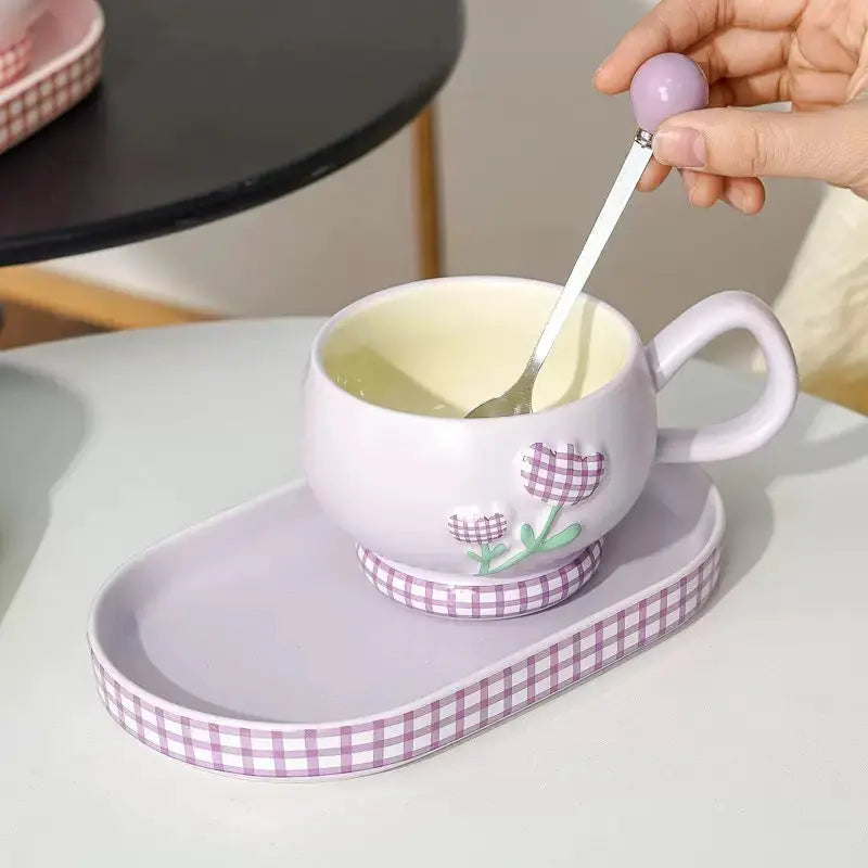 Pastel Floral Ceramic Coffee Cup Set – Aesthetic Mug with Matching Tray & Spoon 🌼