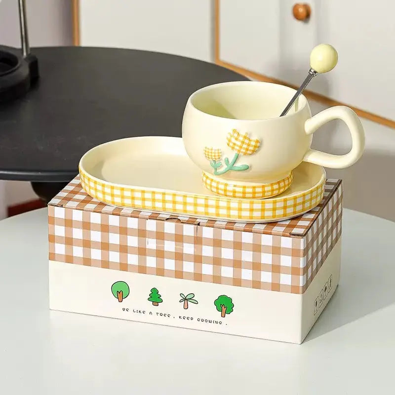 Pastel Floral Ceramic Coffee Cup Set – Aesthetic Mug with Matching Tray & Spoon 🌼