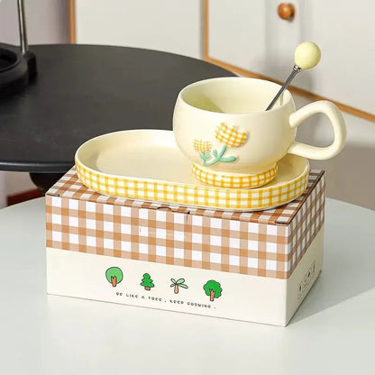 Pastel Floral Ceramic Coffee Cup Set – Aesthetic Mug with Matching Tray & Spoon 🌼