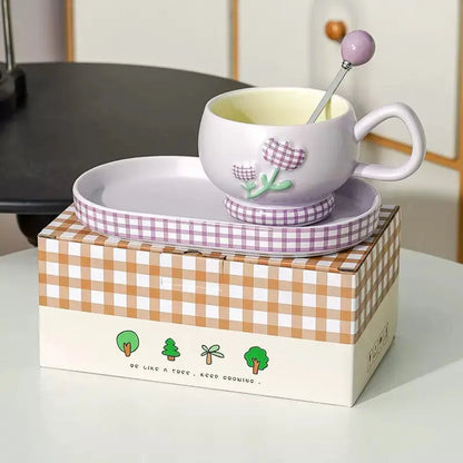 Pastel Floral Ceramic Coffee Cup Set – Aesthetic Mug with Matching Tray & Spoon 🌼