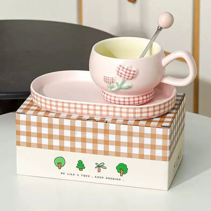 Pastel Floral Ceramic Coffee Cup Set – Aesthetic Mug with Matching Tray & Spoon 🌼