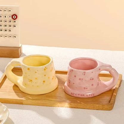Chunky Floral Ceramic Mug with Heart Handle 🌸 Aesthetic Pastel Coffee Cup