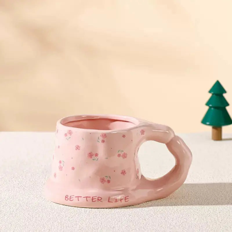 Chunky Floral Ceramic Mug with Heart Handle 🌸 Aesthetic Pastel Coffee Cup