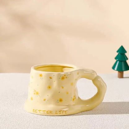 Chunky Floral Ceramic Mug with Heart Handle 🌸 Aesthetic Pastel Coffee Cup