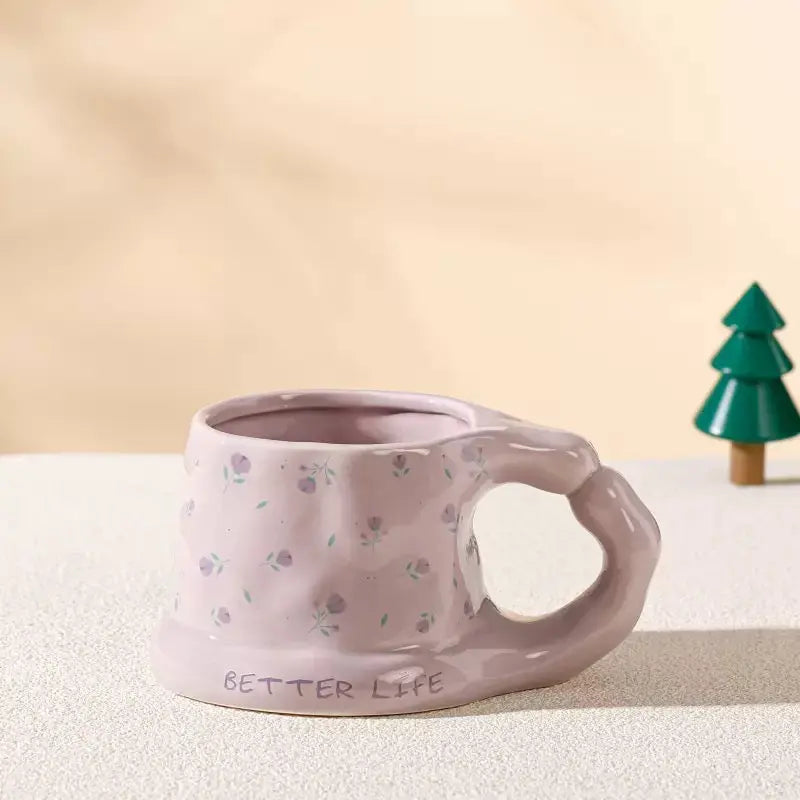 Chunky Floral Ceramic Mug with Heart Handle 🌸 Aesthetic Pastel Coffee Cup
