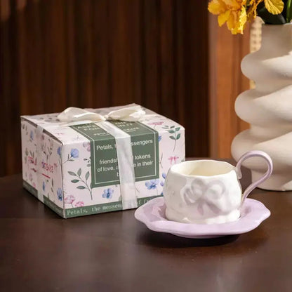 Ribbon-Embossed Espresso Set – Minimalist Bow-Accent Cup & Saucer Duo