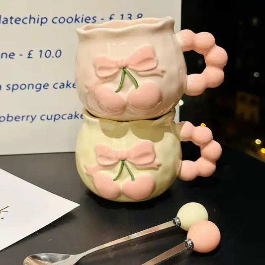 Peach & Bow Ceramic Mug with Beaded Handle