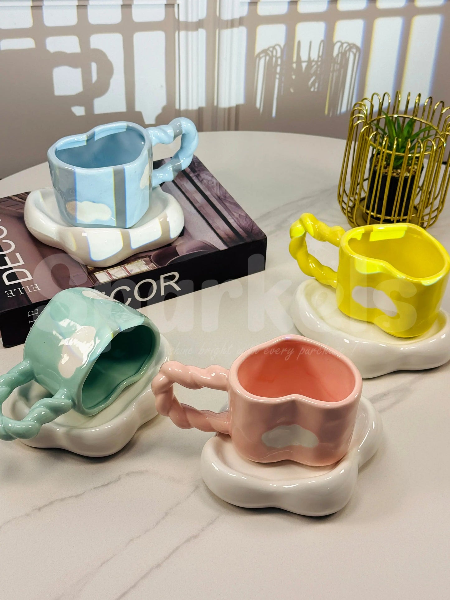 Cerulean Drift Duo – Artisan Cloud-Silhouette Ceramic Cup & Sculpted Wave Saucer