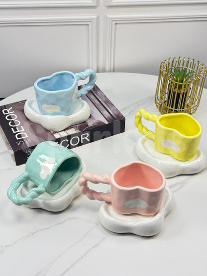 Cerulean Drift Duo – Artisan Cloud-Silhouette Ceramic Cup & Sculpted Wave Saucer