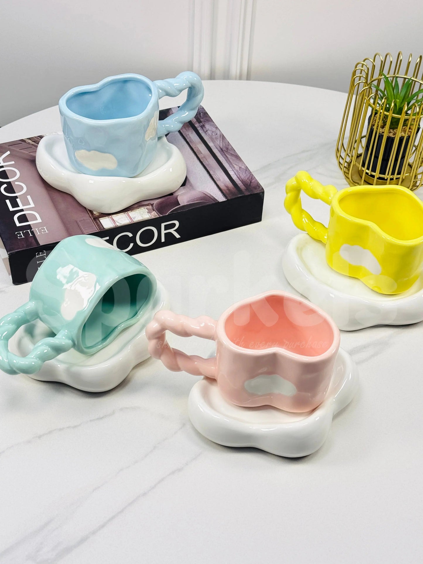 Cerulean Drift Duo – Artisan Cloud-Silhouette Ceramic Cup & Sculpted Wave Saucer