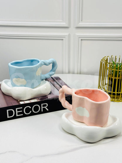 Cerulean Drift Duo – Artisan Cloud-Silhouette Ceramic Cup & Sculpted Wave Saucer