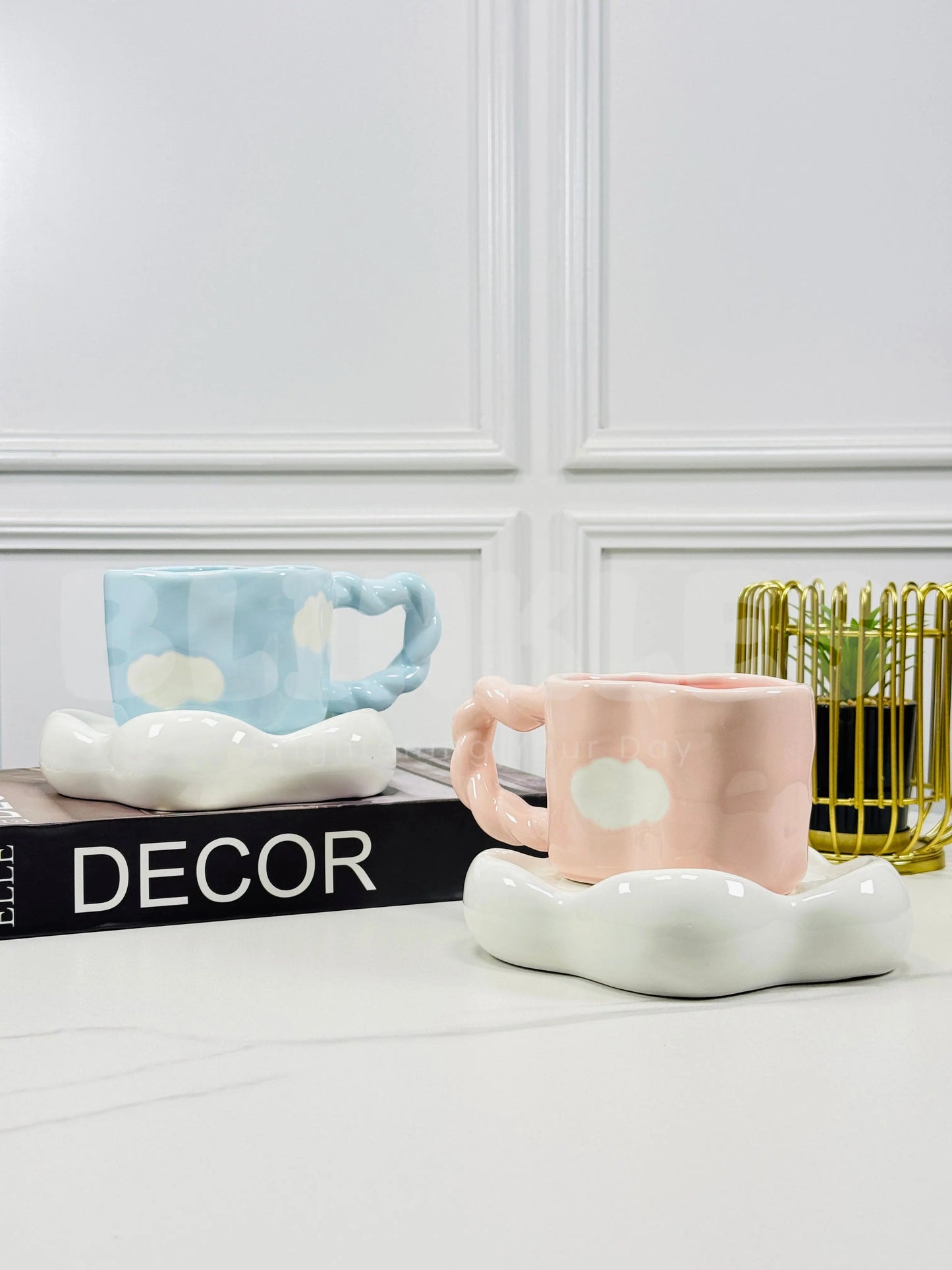 Cerulean Drift Duo – Artisan Cloud-Silhouette Ceramic Cup & Sculpted Wave Saucer