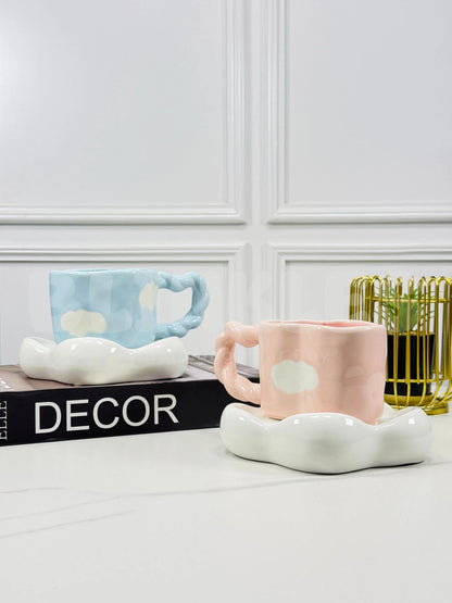 Cerulean Drift Duo – Artisan Cloud-Silhouette Ceramic Cup & Sculpted Wave Saucer