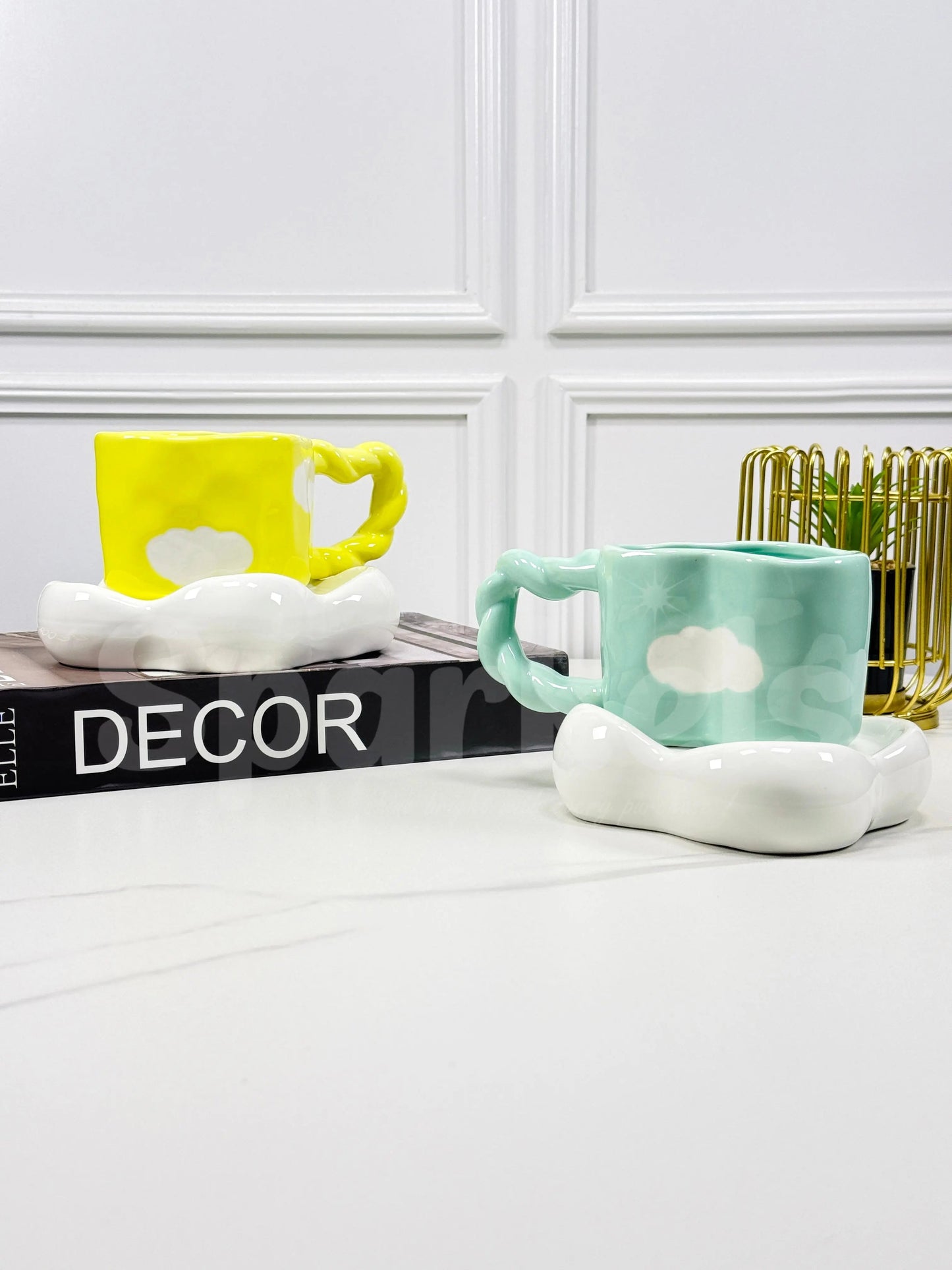 Cerulean Drift Duo – Artisan Cloud-Silhouette Ceramic Cup & Sculpted Wave Saucer