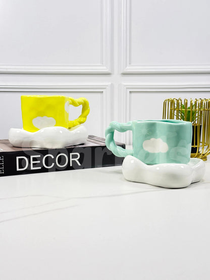 Cerulean Drift Duo – Artisan Cloud-Silhouette Ceramic Cup & Sculpted Wave Saucer