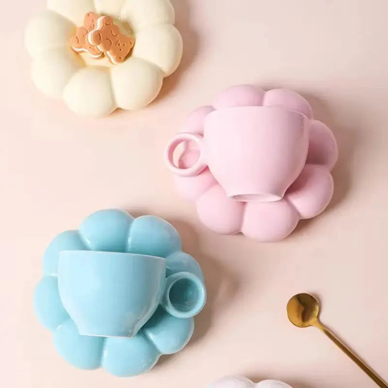 Pearl Drift Duo –  Bubble-Base Ceramic Cup & Sculpted Cloud Saucer