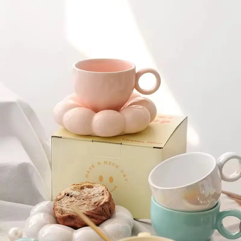 Pearl Drift Duo –  Bubble-Base Ceramic Cup & Sculpted Cloud Saucer