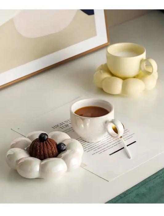 Pearl Drift Duo –  Bubble-Base Ceramic Cup & Sculpted Cloud Saucer