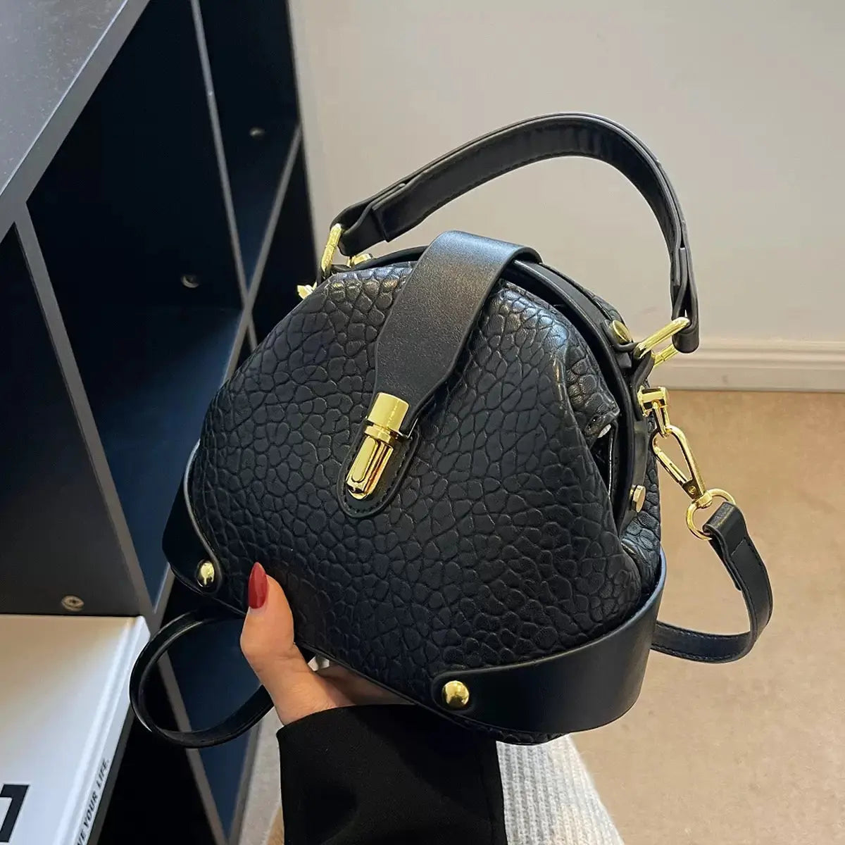 Embossed Muse Mini Bag – Structured Croc-Textured Handbag & Gold Lock Crossbody