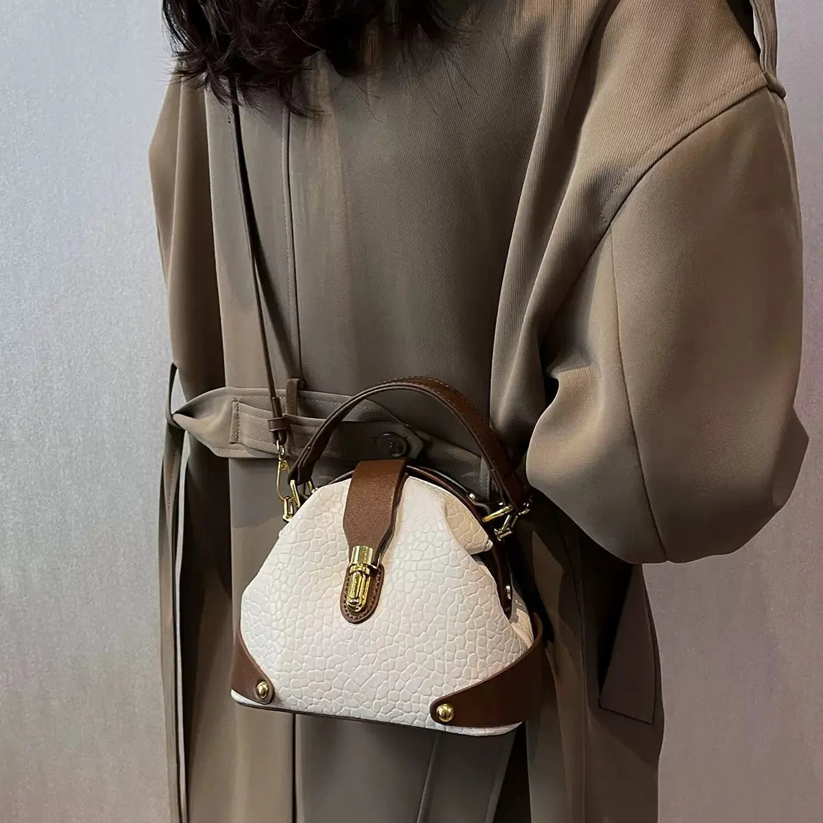 Embossed Muse Mini Bag – Structured Croc-Textured Handbag & Gold Lock Crossbody