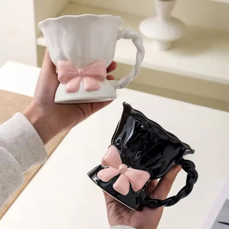Lumiere Ribbon Mug – Artisan Sculptural Bow Ceramic Cup & Vintage-Inspired Tea Service