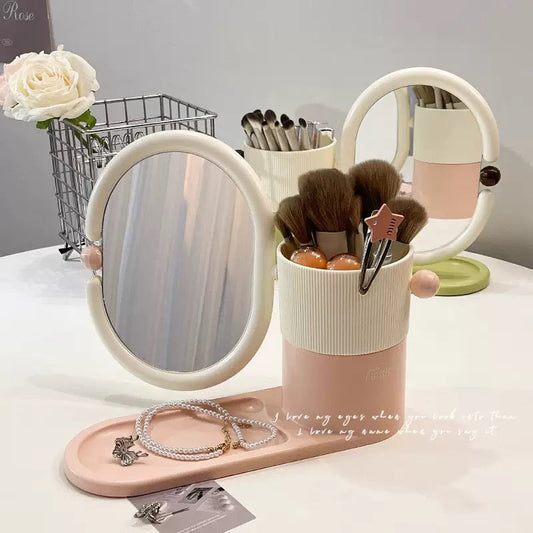 Aesthetic 360° Rotating Vanity Mirror – Integrated Makeup & Jewelry Organizer