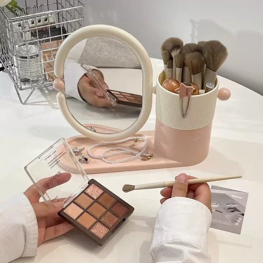 Aesthetic 360° Rotating Vanity Mirror – Integrated Makeup & Jewelry Organizer