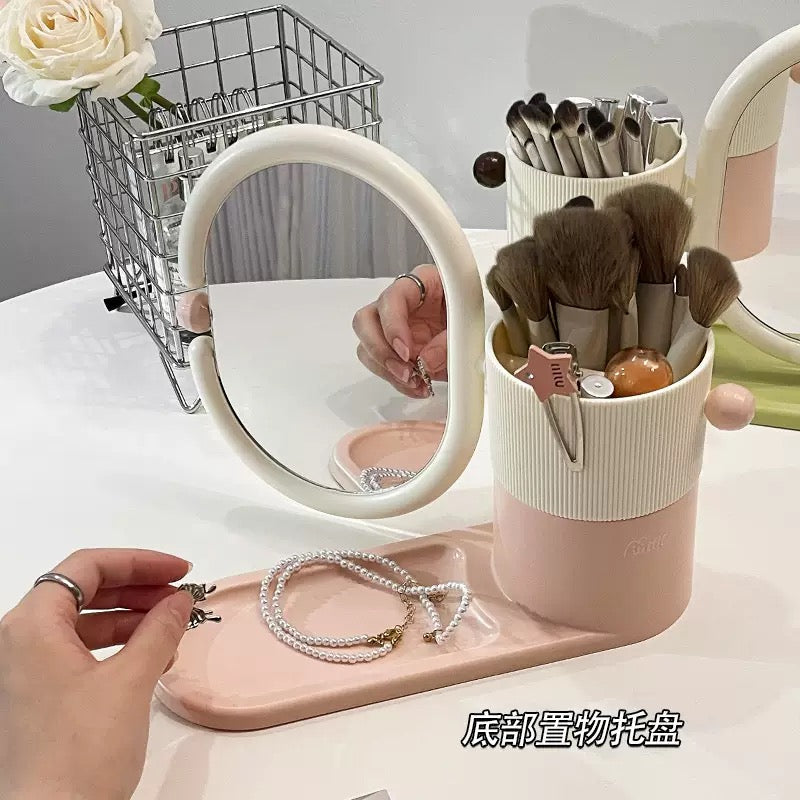 Aesthetic 360° Rotating Vanity Mirror – Integrated Makeup & Jewelry Organizer