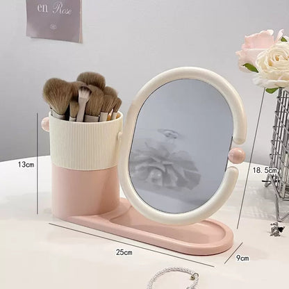 Aesthetic 360° Rotating Vanity Mirror – Integrated Makeup & Jewelry Organizer