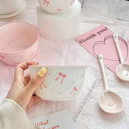 Coquette Ribbon Cereal Bowls – 2-Piece Ceramic Bow & Artisan Spoon Set