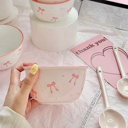 Coquette Ribbon Cereal Bowls – 2-Piece Ceramic Bow & Artisan Spoon Set