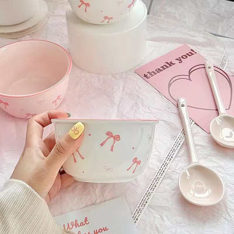 Coquette Ribbon Cereal Bowls – 2-Piece Ceramic Bow & Artisan Spoon Set