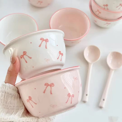 Coquette Ribbon Cereal Bowls – 2-Piece Ceramic Bow & Artisan Spoon Set