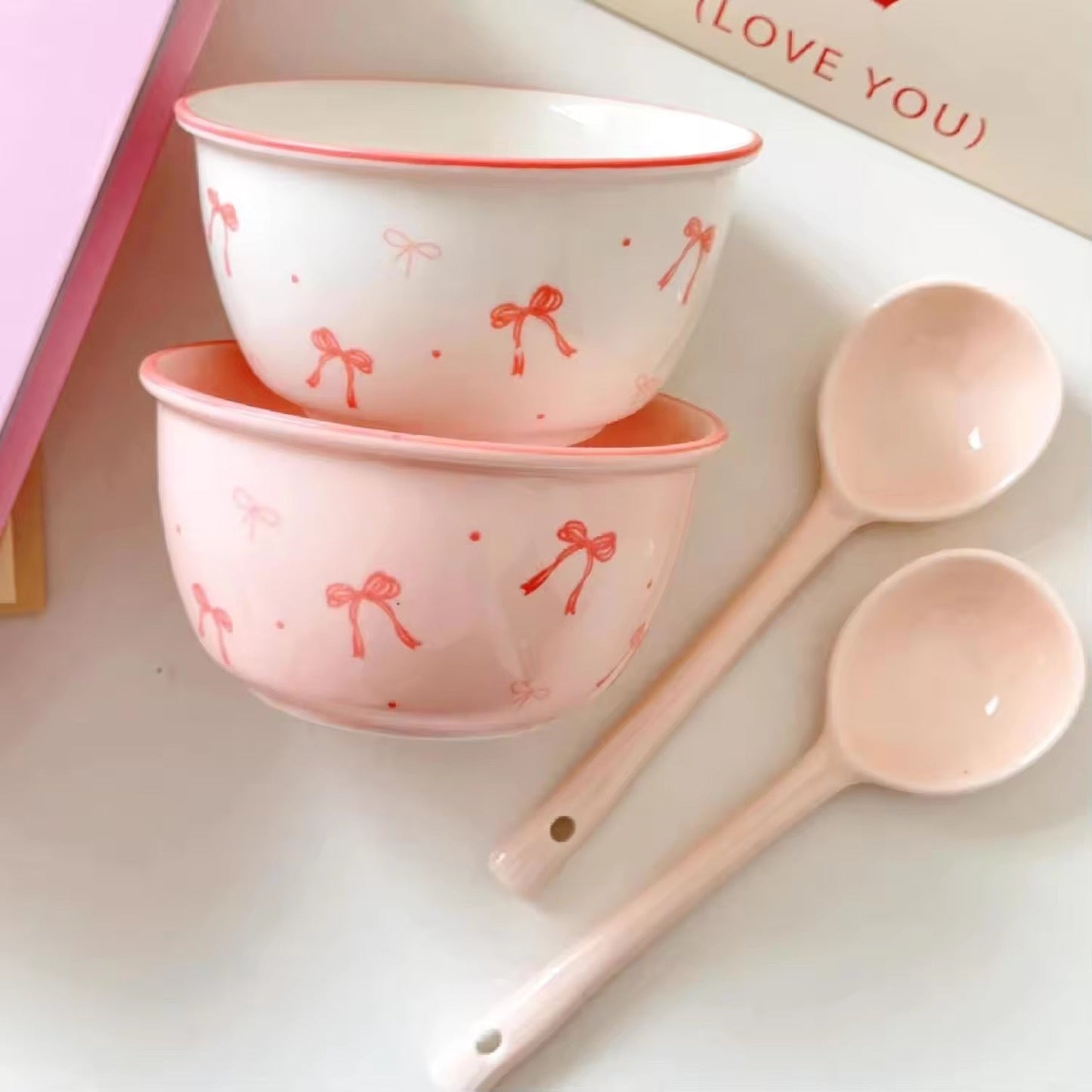 Coquette Ribbon Cereal Bowls – 2-Piece Ceramic Bow & Artisan Spoon Set