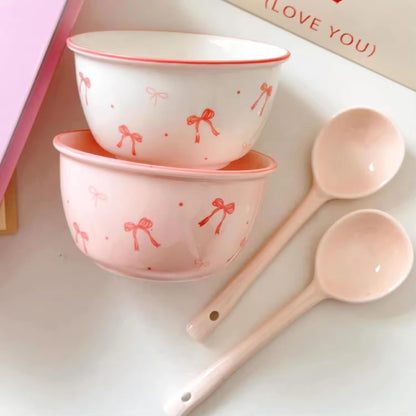 Coquette Ribbon Cereal Bowls – 2-Piece Ceramic Bow & Artisan Spoon Set