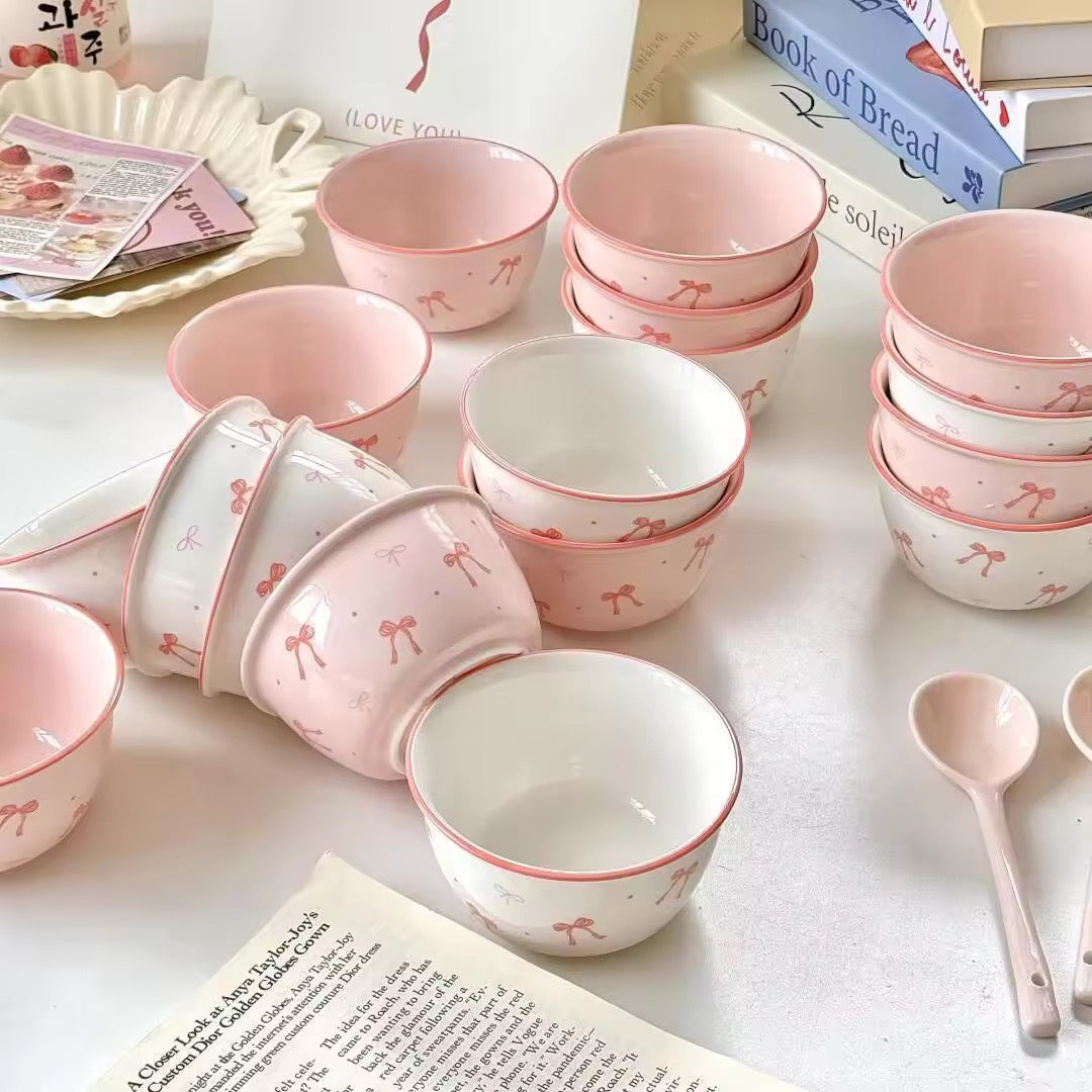 Coquette Ribbon Cereal Bowls – 2-Piece Ceramic Bow & Artisan Spoon Set