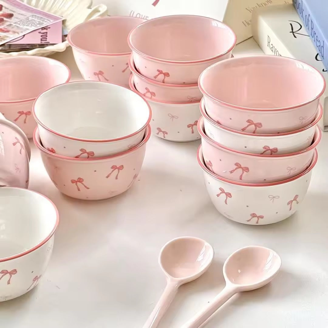 Coquette Ribbon Cereal Bowls – 2-Piece Ceramic Bow & Artisan Spoon Set