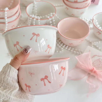 Coquette Ribbon Cereal Bowls – 2-Piece Ceramic Bow & Artisan Spoon Set