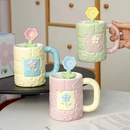 Pastel Flower Ceramic Mug & Spoon Gift Set - Aesthetic Coffee Cup
