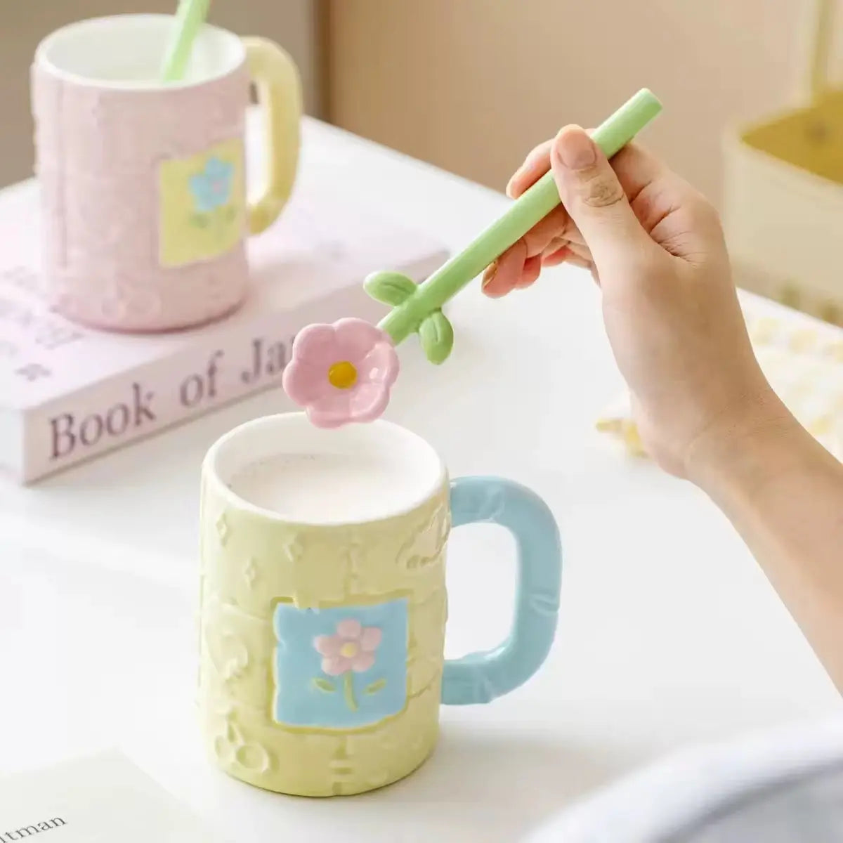 Pastel Flower Ceramic Mug & Spoon Gift Set - Aesthetic Coffee Cup