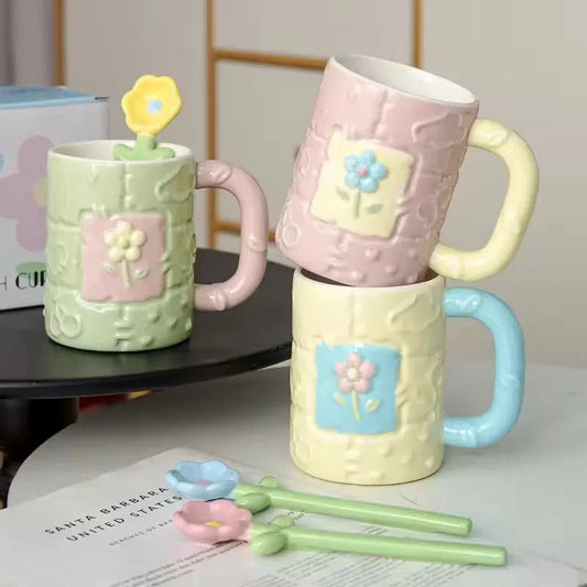 Pastel Flower Ceramic Mug & Spoon Gift Set - Aesthetic Coffee Cup