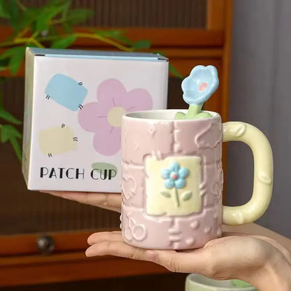 Pastel Flower Ceramic Mug & Spoon Gift Set - Aesthetic Coffee Cup