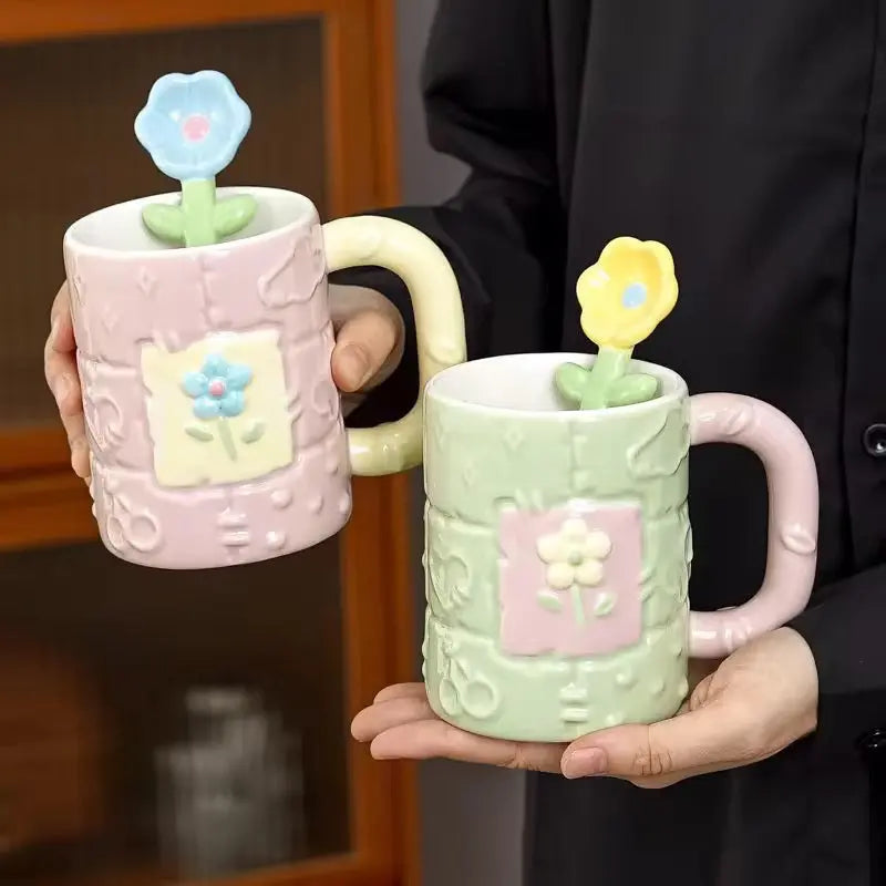 Pastel Flower Ceramic Mug & Spoon Gift Set - Aesthetic Coffee Cup