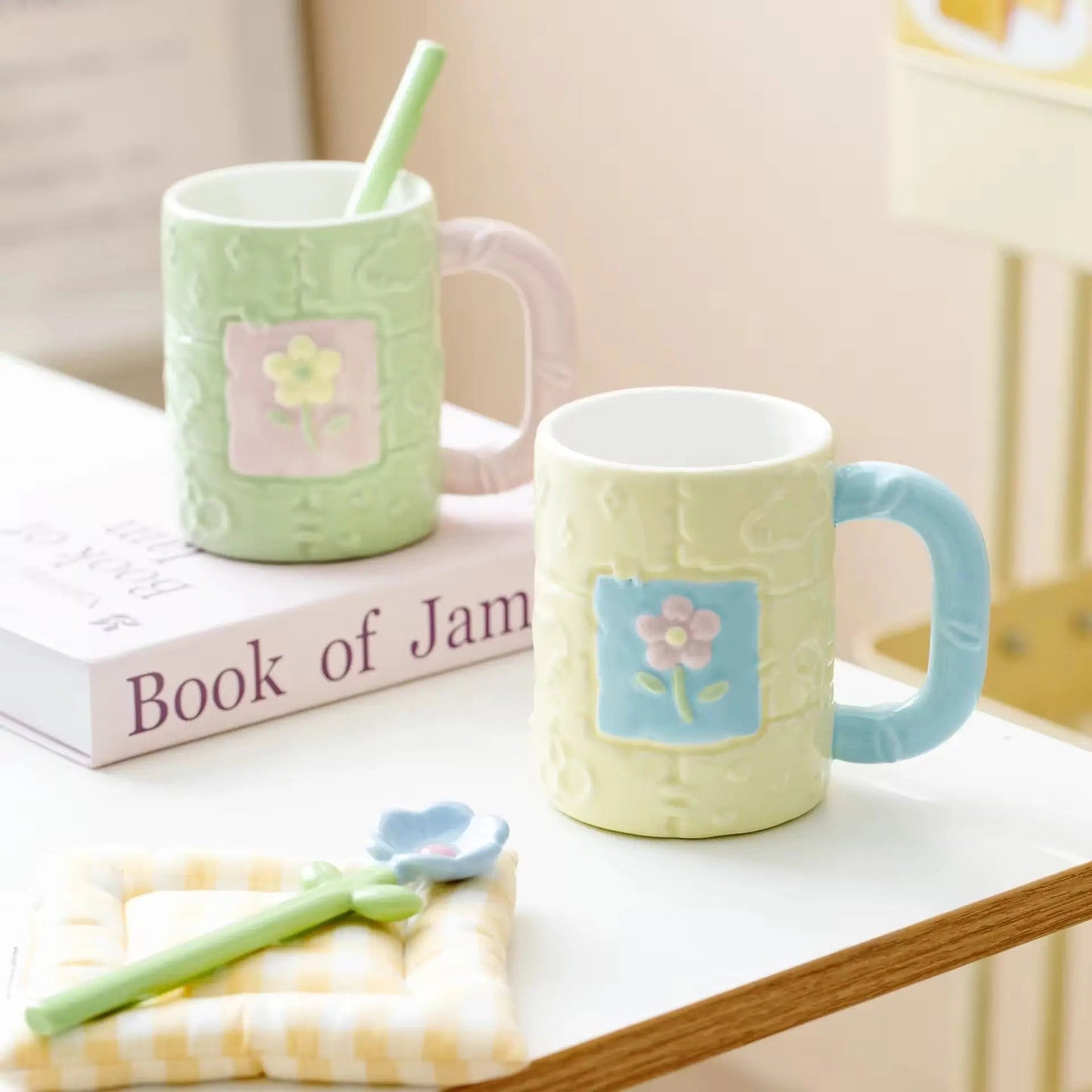 Pastel Flower Ceramic Mug & Spoon Gift Set - Aesthetic Coffee Cup