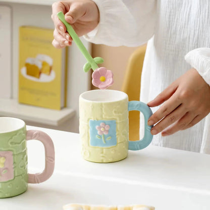 Pastel Flower Ceramic Mug & Spoon Gift Set - Aesthetic Coffee Cup