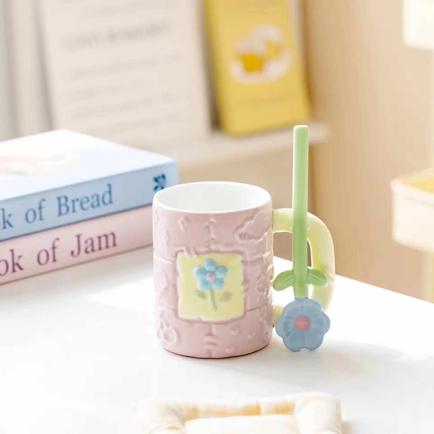 Pastel Flower Ceramic Mug & Spoon Gift Set - Aesthetic Coffee Cup