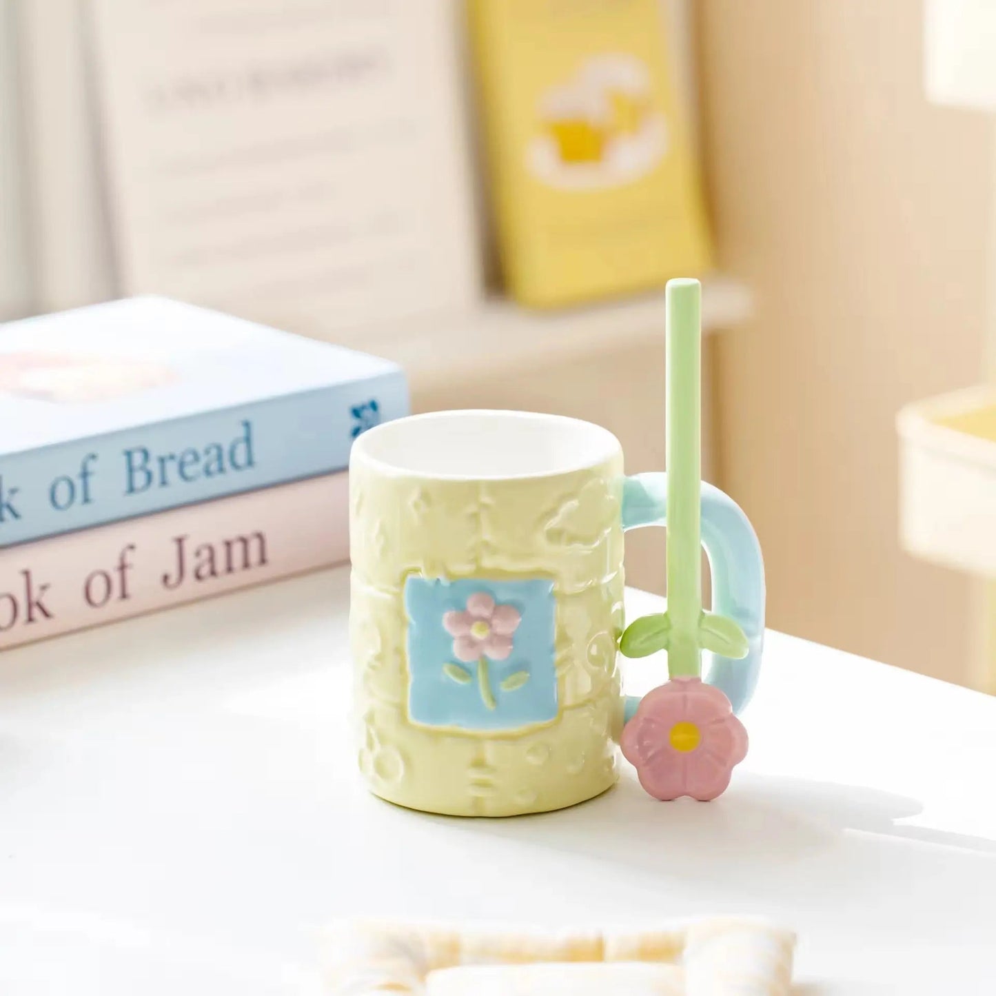 Pastel Flower Ceramic Mug & Spoon Gift Set - Aesthetic Coffee Cup