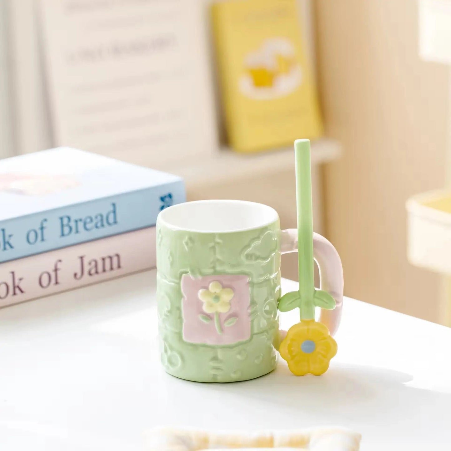 Pastel Flower Ceramic Mug & Spoon Gift Set - Aesthetic Coffee Cup